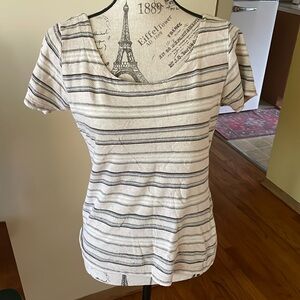 Express Tricot Vintage Linen Blend Scooped Neck Striped Shirt